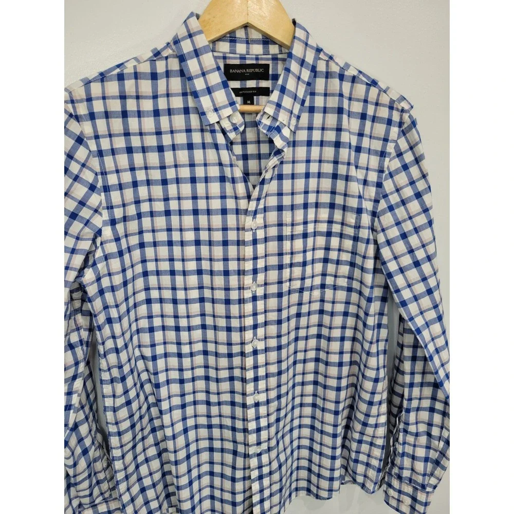 Banana Republic Mens Untucked Fit Blue White Plaid Button Down‎ Shirt Size M